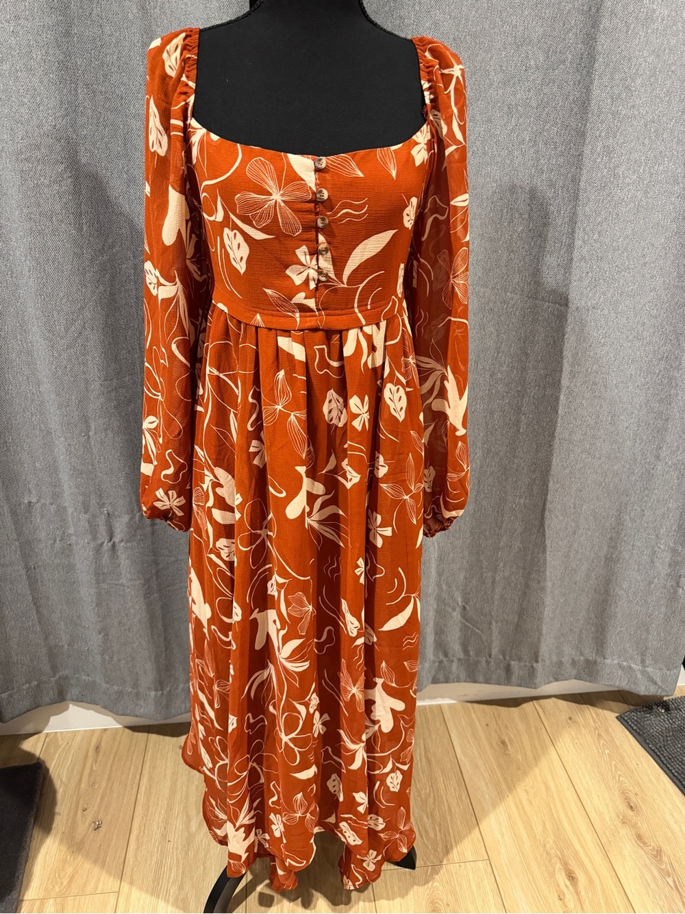 NWT-American Threads Rust & Cream Floral Square-Neck Maxi Dress